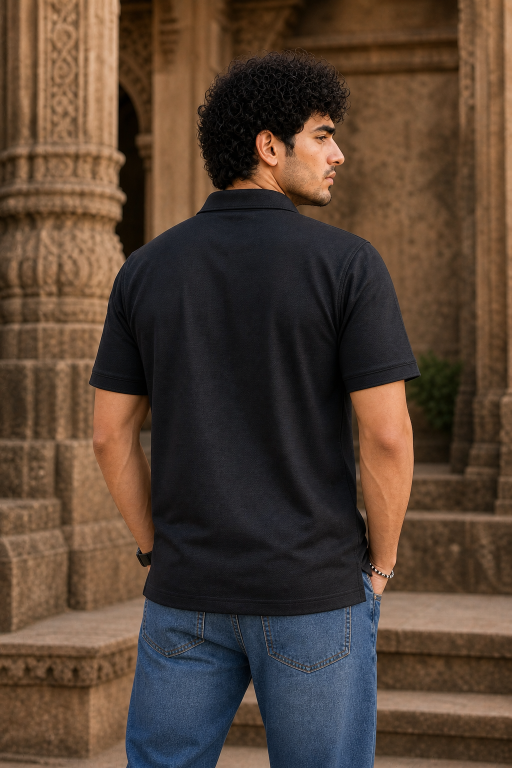 Men Black Korean Style Zipper Neck Polo T-Shirt ATL5771