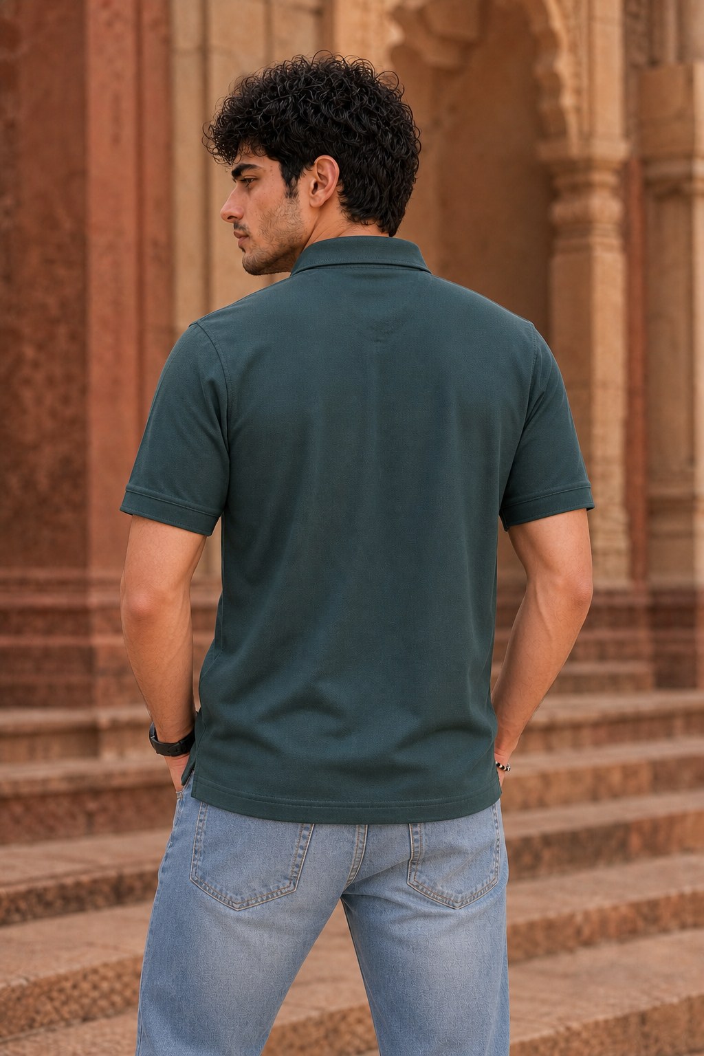 Men Bottle Green Korean Style Zipper Neck Polo T-Shirt ATL5771