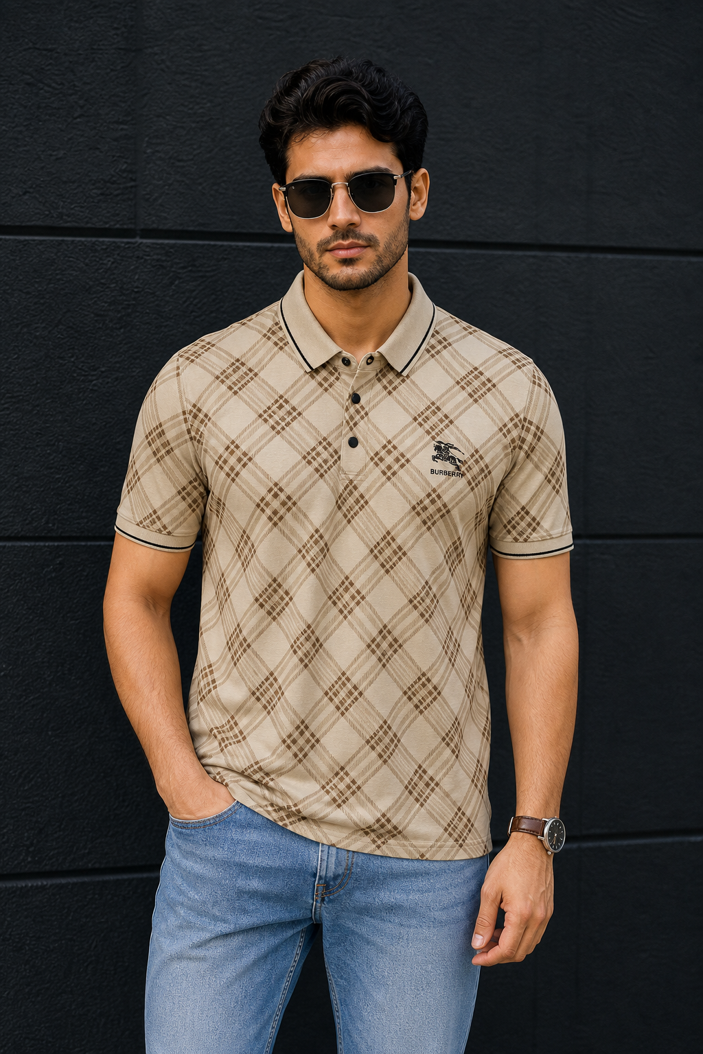 Men Beige Checked Polo Tshirt - Half Sleeve 119