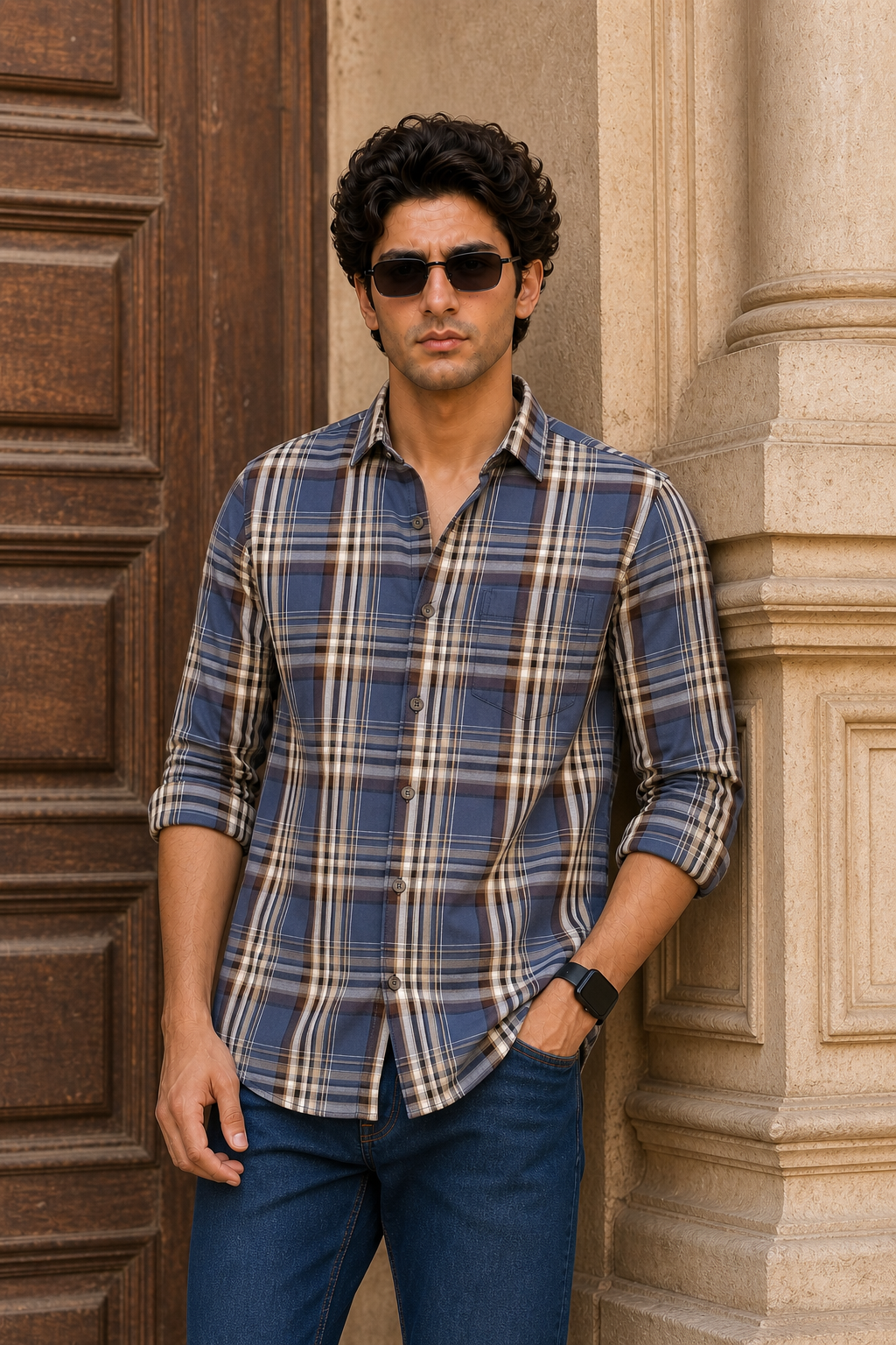 Men Blue & Brown Checked Long Sleeve- Casual Wear KEV-597-14
