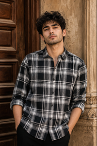 Men Black & White Classic Tartan Checked Shirt - Slim Fit KEV-5970