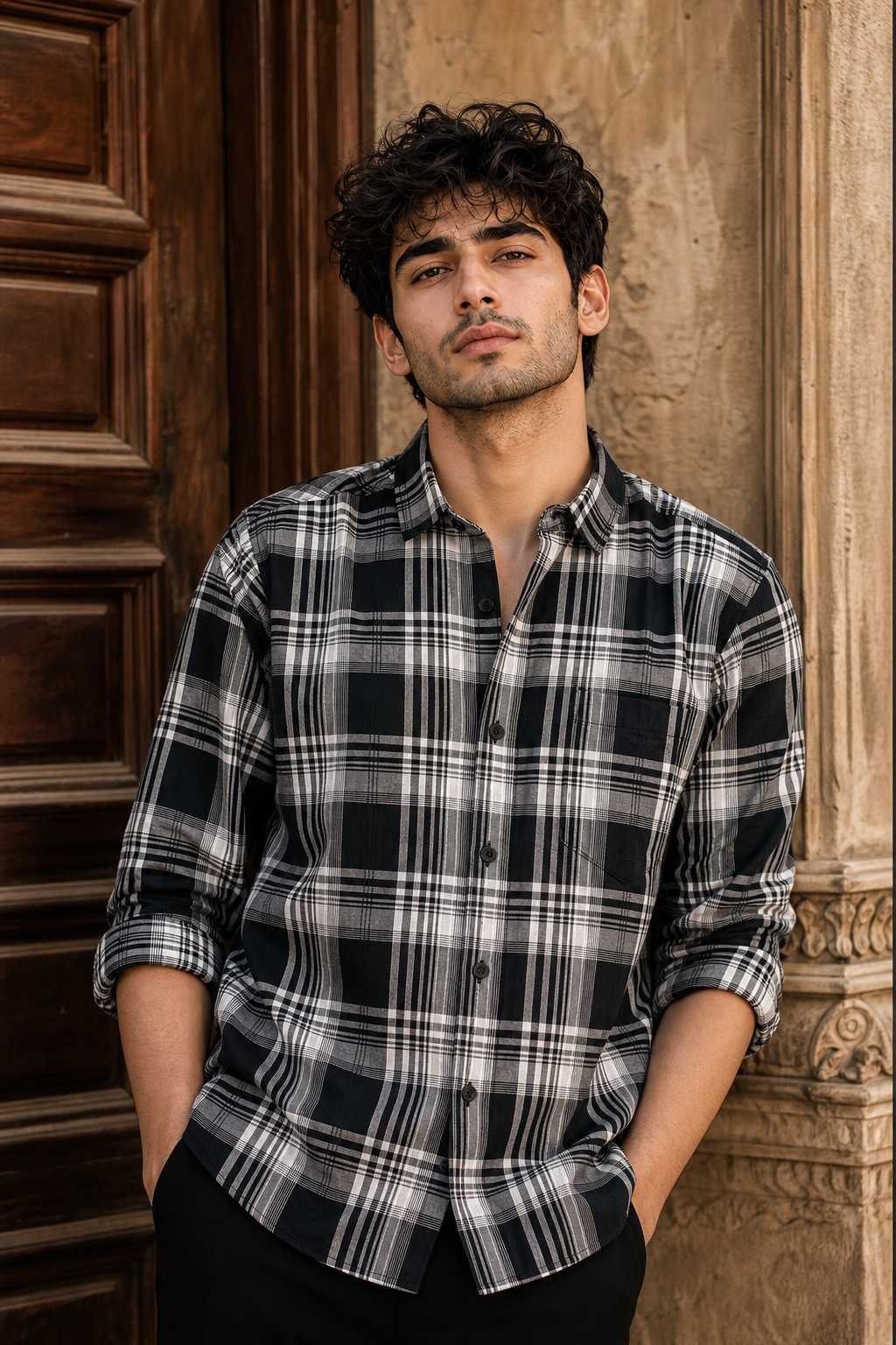 Men Black & White Classic Tartan Checked Shirt - Slim Fit KEV-5970