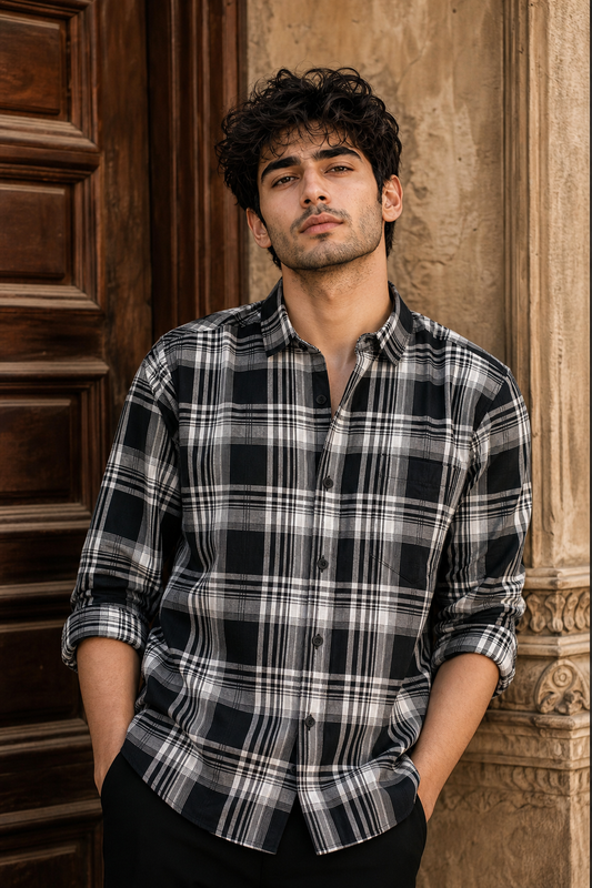 Men Black & White Classic Tartan Checked Shirt - Slim Fit KEV-5970