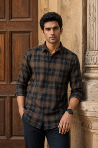 Men Brown Black Plaid Check Shirt Full Sleeve KEV-597-20