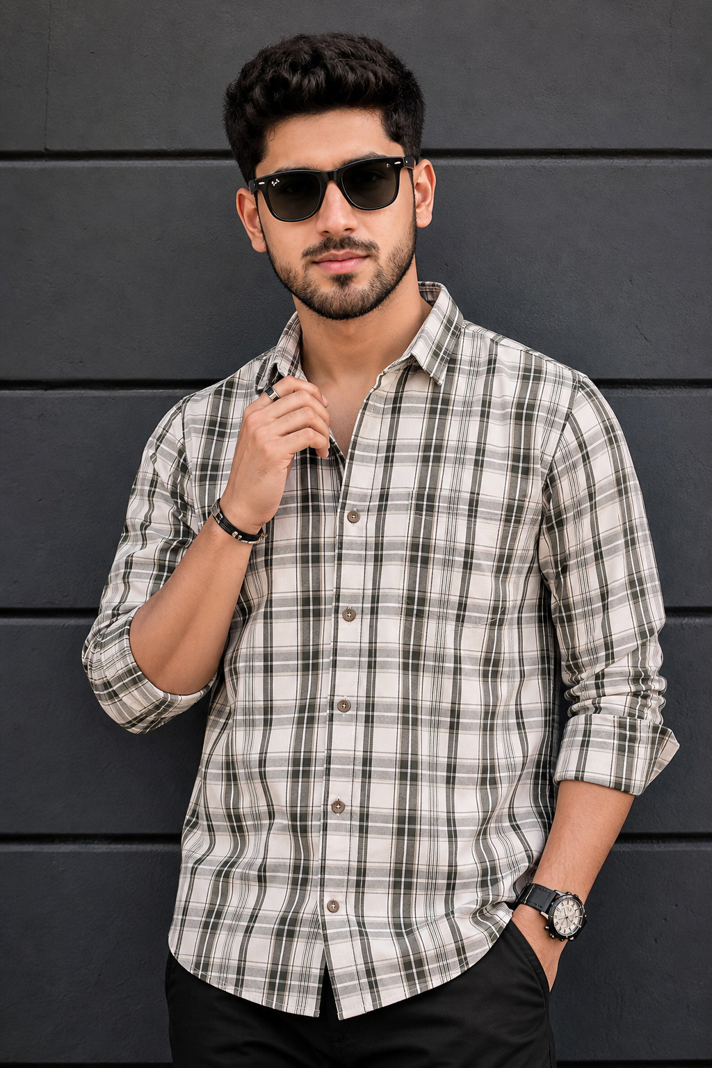 Men White & Green Checked Shirt - Full Sleeve KEV-5970