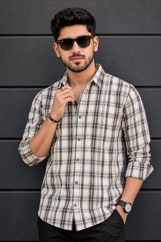 Men White & Green Checked Shirt - Full Sleeve KEV-5970