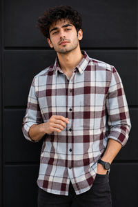 Men Wine & Sky Blue Checked Shirt PRA-568-2