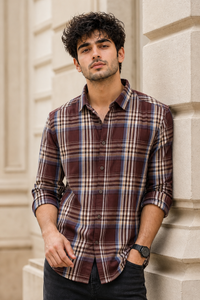 Men Coffee & Blue Checked Shirt - Full Sleeve KEV-597-14