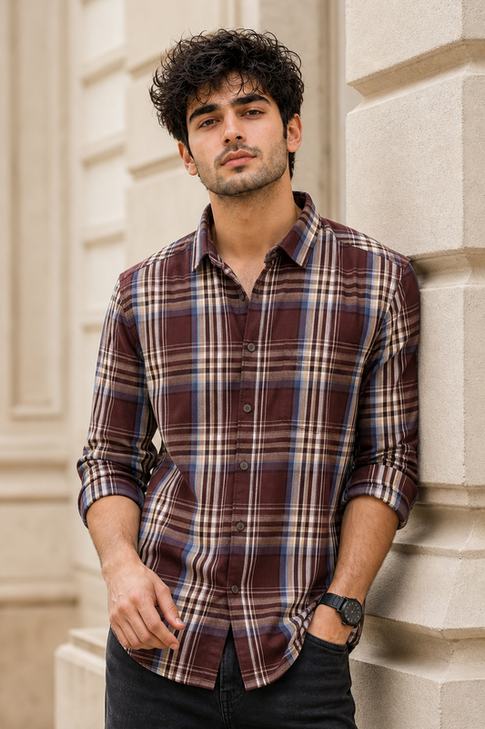 Men Coffee & Blue Checked Shirt - Full Sleeve KEV-597-14