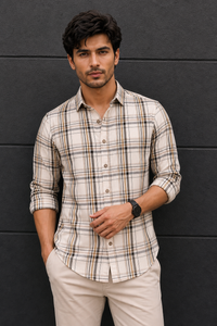 Men White & Beige Plaid Shirt | Long-Sleeve KEV-597-8