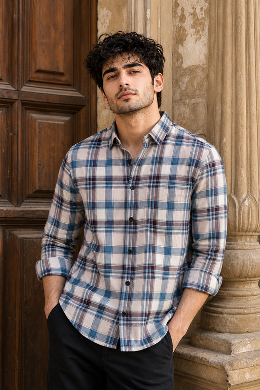 Men Medium Blue & Brown Plaid Button-Up Shirt KEV-597-24