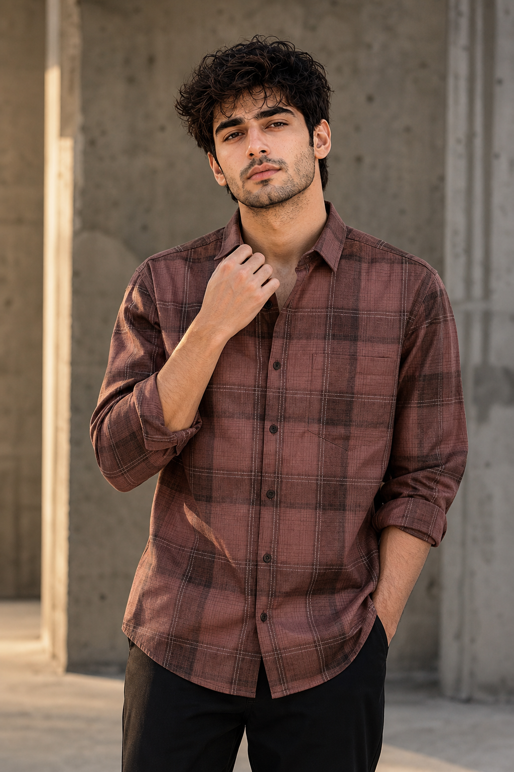 Men Brown Plaid Flannel Button-Up Shirt – Long Sleeve KEV-597-24