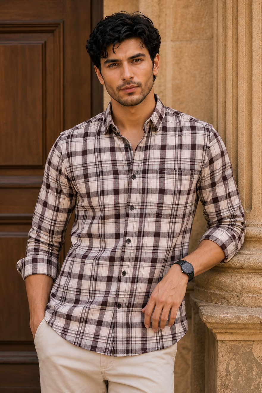 Men White Plaid Button-Up Shirt – Wine Check Long Sleeve KEV-597-8