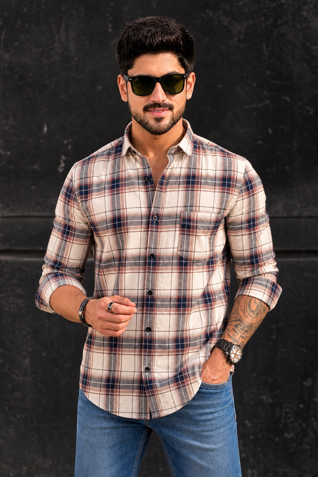 Cream Red Checks Shirt For Men - Casual Wear PRA-56800