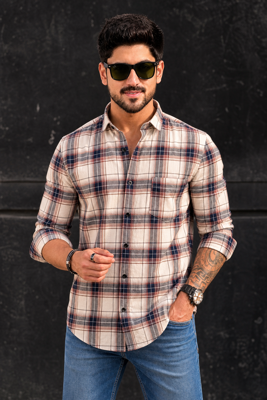 Cream Red Checks Shirt For Men - Casual Wear PRA-56800
