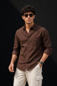 Men Solid Coffee Premium Cotton Long Sleeve Shirt GIZA