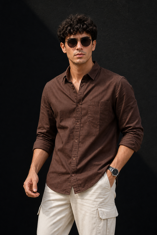 Men Solid Coffee Premium Cotton Long Sleeve Shirt GIZA