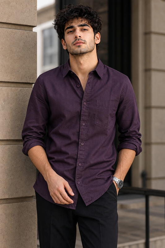 Men Solid Wine Premium Cotton Long Sleeve Shirt GIZA