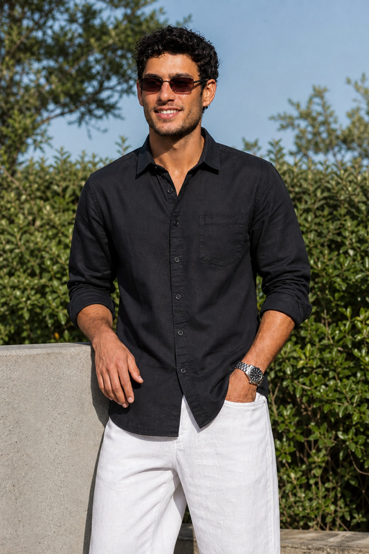 Men Solid Black Premium Cotton Long Sleeve Shirt GIZA