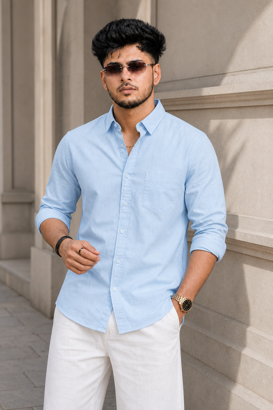 Men Solid Skyblue Premium Cotton Long Sleeve Shirt GIZA
