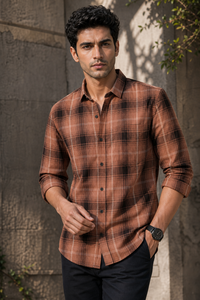 Men Rust Checks Shirt | Casual & Office KEV-5920