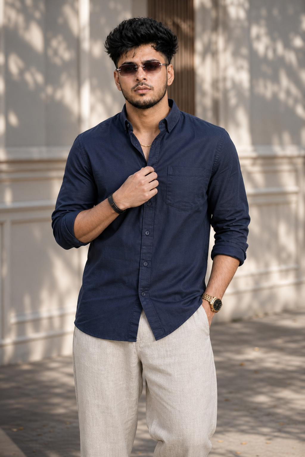 Men Solid Navy Blue Premium Cotton Long Sleeve Shirt GIZA
