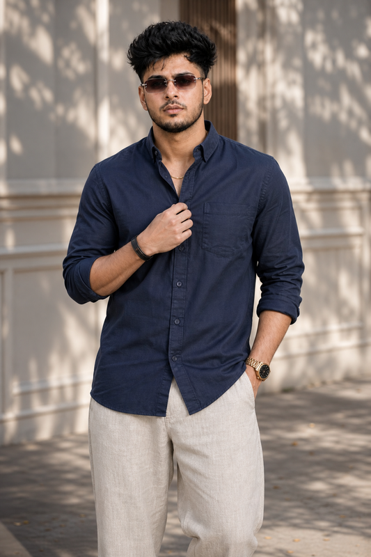 Men Solid Navy Blue Premium Cotton Long Sleeve Shirt GIZA
