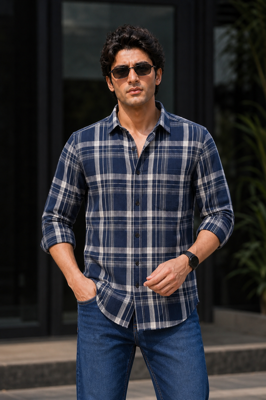 Classic Navy Blue Tartan Check Shirt - Men Slim Fit KEV-5920
