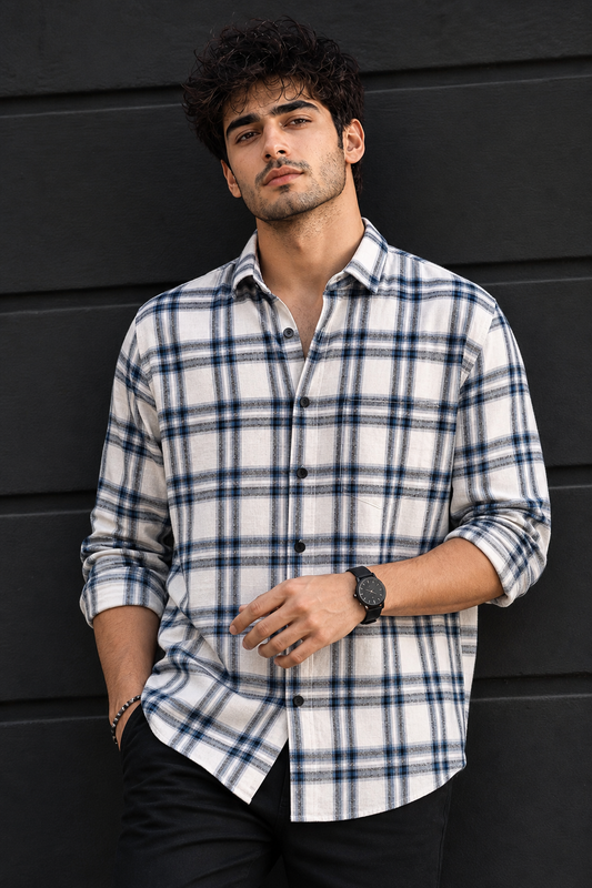 Men White Check Shirt - Full Sleeve Casual Plaid Shirt PRA-568-1