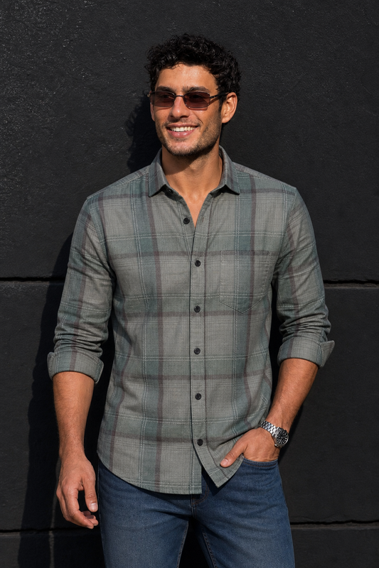 Men Olive Green Checks Shirt - Full Sleeve with Pocket KEV-597-20