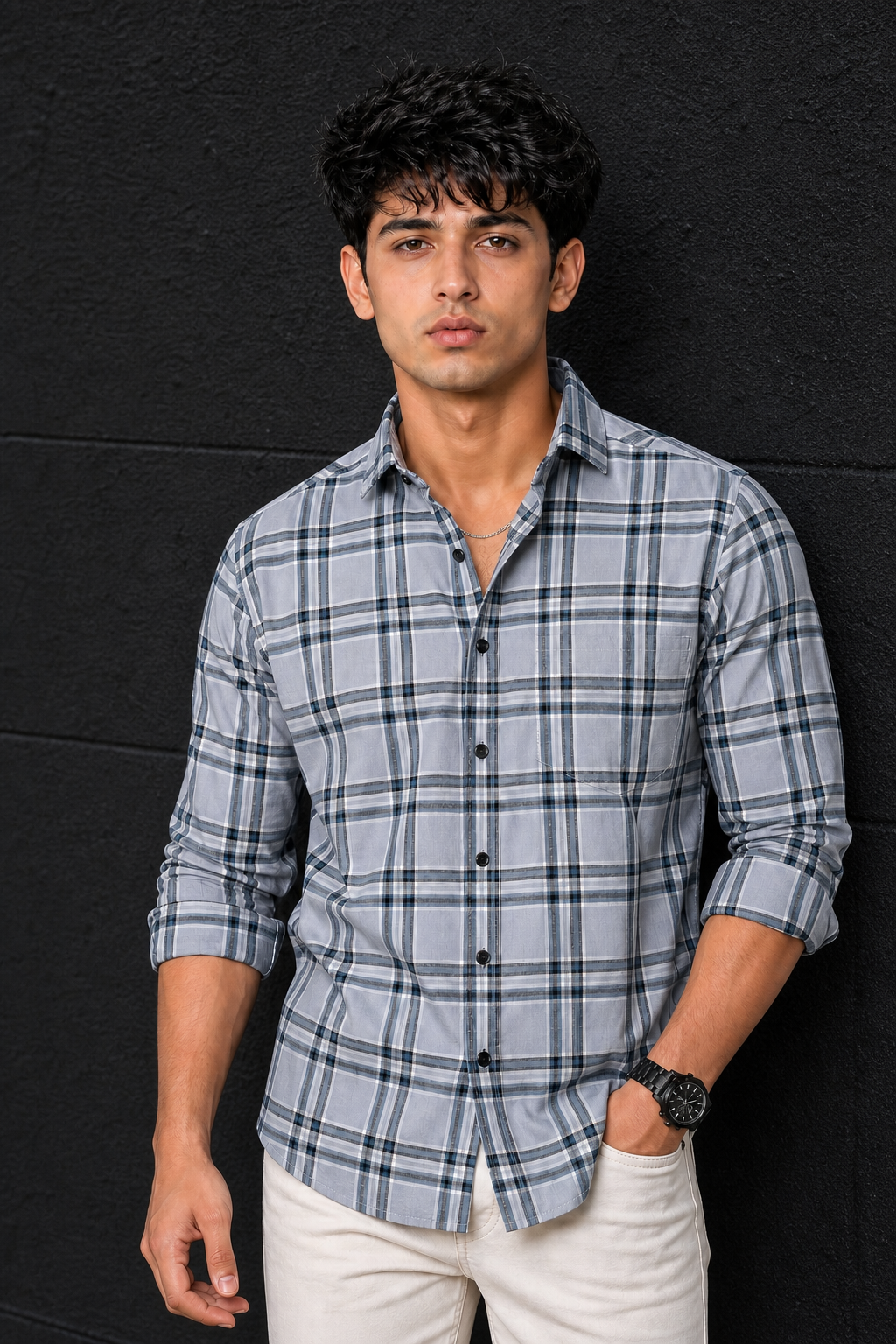 Men Grey Check Shirt - Full Sleeve Casual Plaid Shirt PRA-568-1