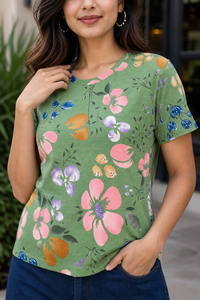 Women Green Floral Print Round Neck T-Shirt M-7236-13