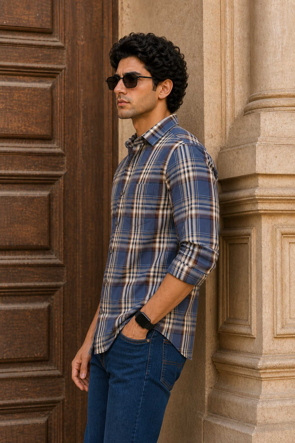 Men Blue & Brown Checked Long Sleeve- Casual Wear KEV-597-14