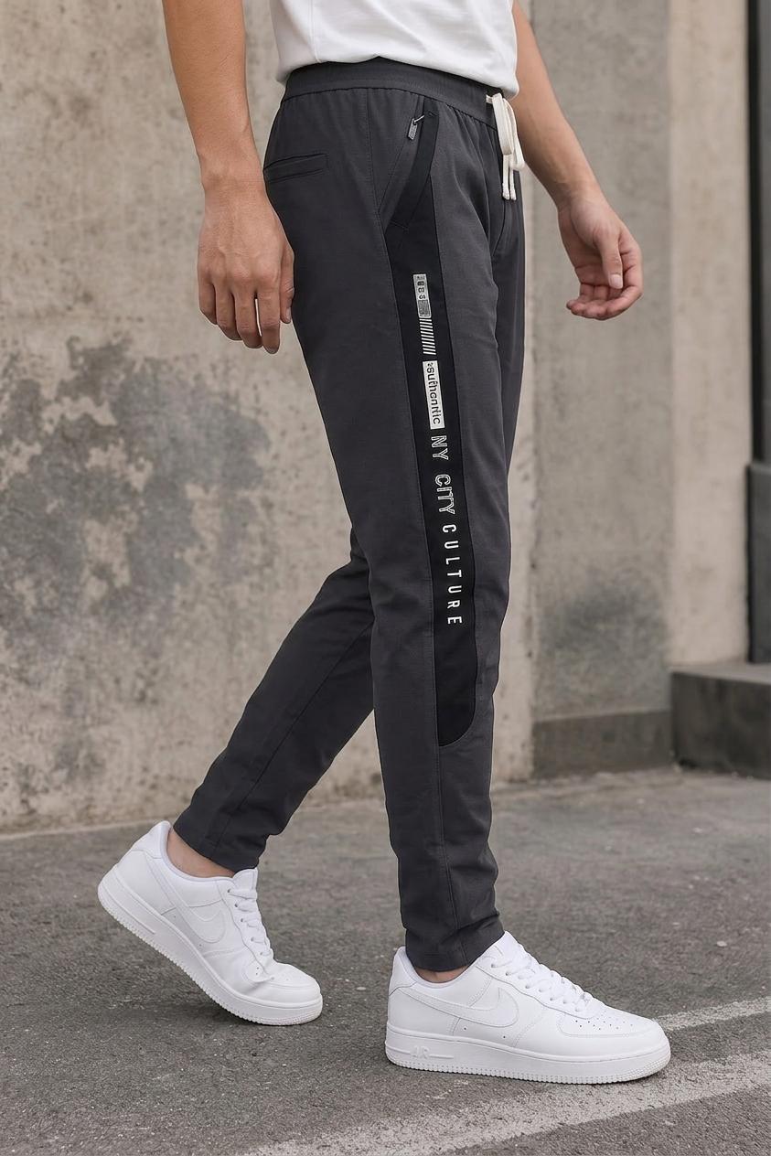 Men Casual & Gym Wear Track Pants – Dark Grey Slim Fit with Side Zipper 106