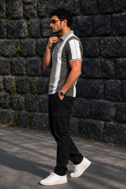 Men Pista & White Striped Polo T-Shirt with Snap Buttons ATL9239
