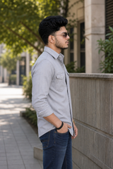 Men Grey Double Pocket Casual Shirt | Snap Button Denim Shirt