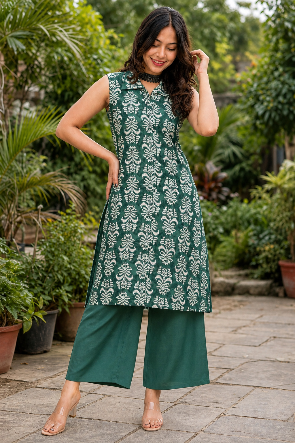 Women Pista Ikat Printed Sleeveless Kurta & Plazo Coord Set SHALINI-285