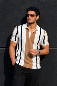 Men Brown & Black Striped Snap Button Polo T-Shirt ATL9244