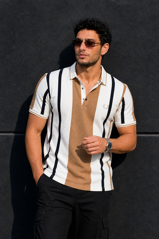 Men Brown & Black Striped Snap Button Polo T-Shirt ATL9244