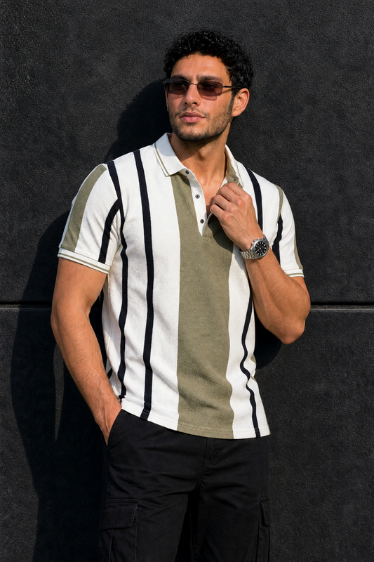 Men Pista & Black Striped Snap Button Polo T-Shirt ATL9244