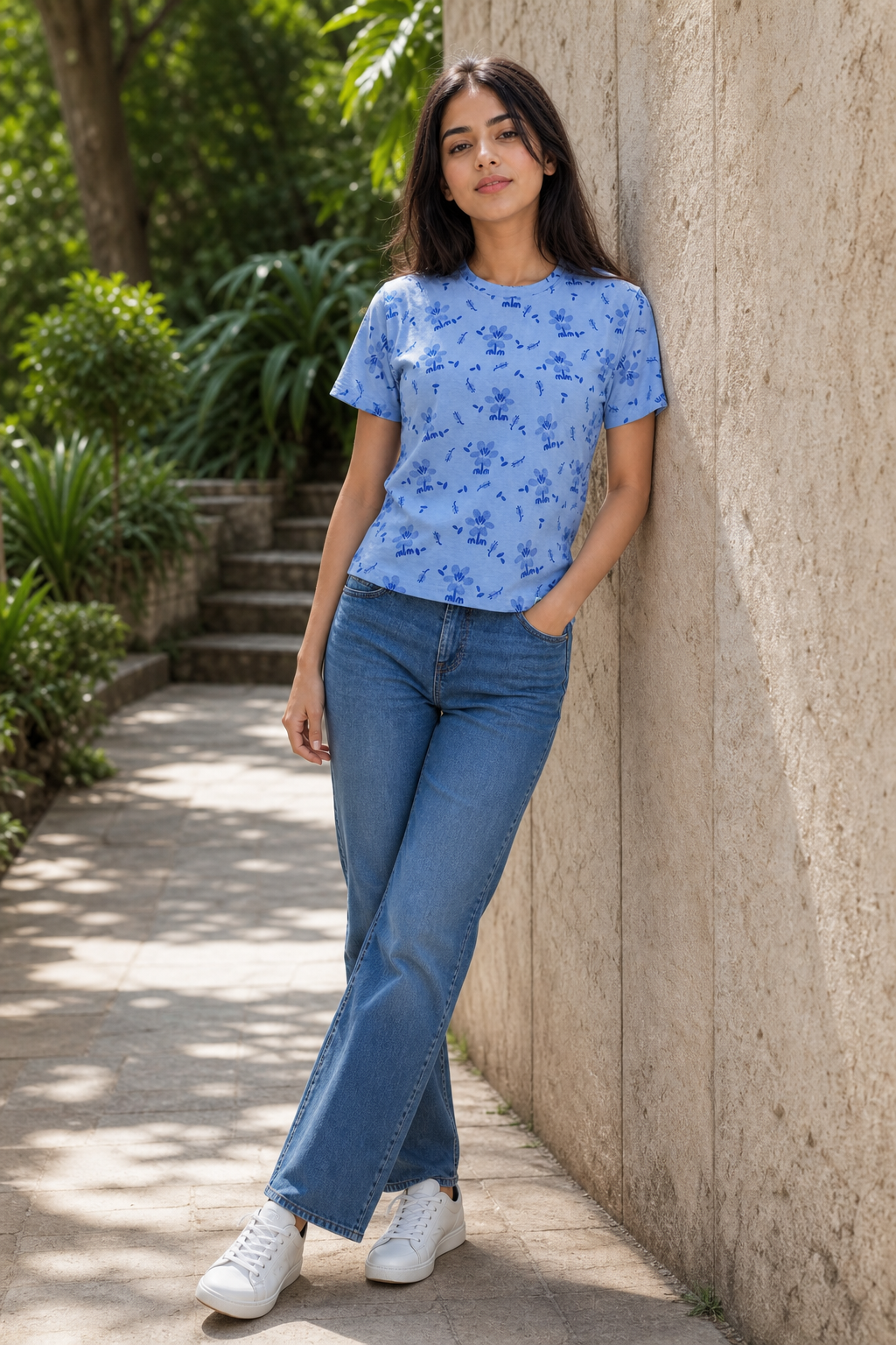 Women Blue Cherry Blossom Print T-Shirt Short Sleeves M-7266-23