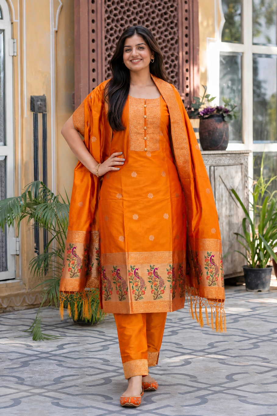 Women Golden Banarasi Silk Sleeveless Paithani Suit - Mid Frame View