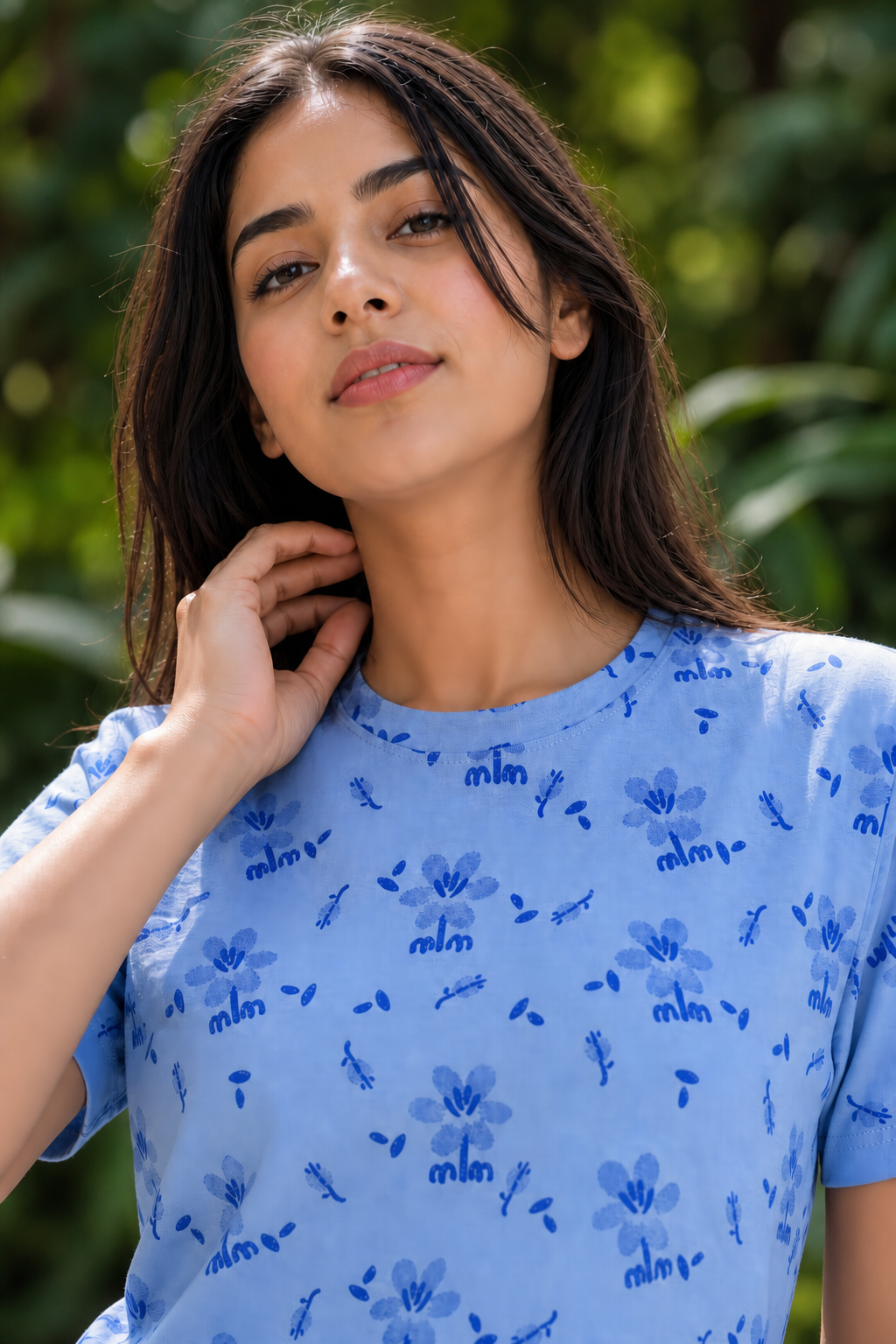 Women Blue Cherry Blossom Print T-Shirt Short Sleeves M-7266-23