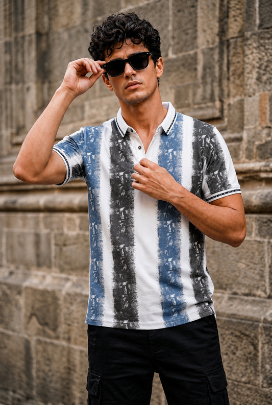 Men Blue & White Printed Tipped Collar Polo T-Shirt With Snap Buttons ATL86624