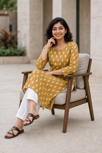 Women Mustard Yellow Cotton Kurti - Stylish Pose