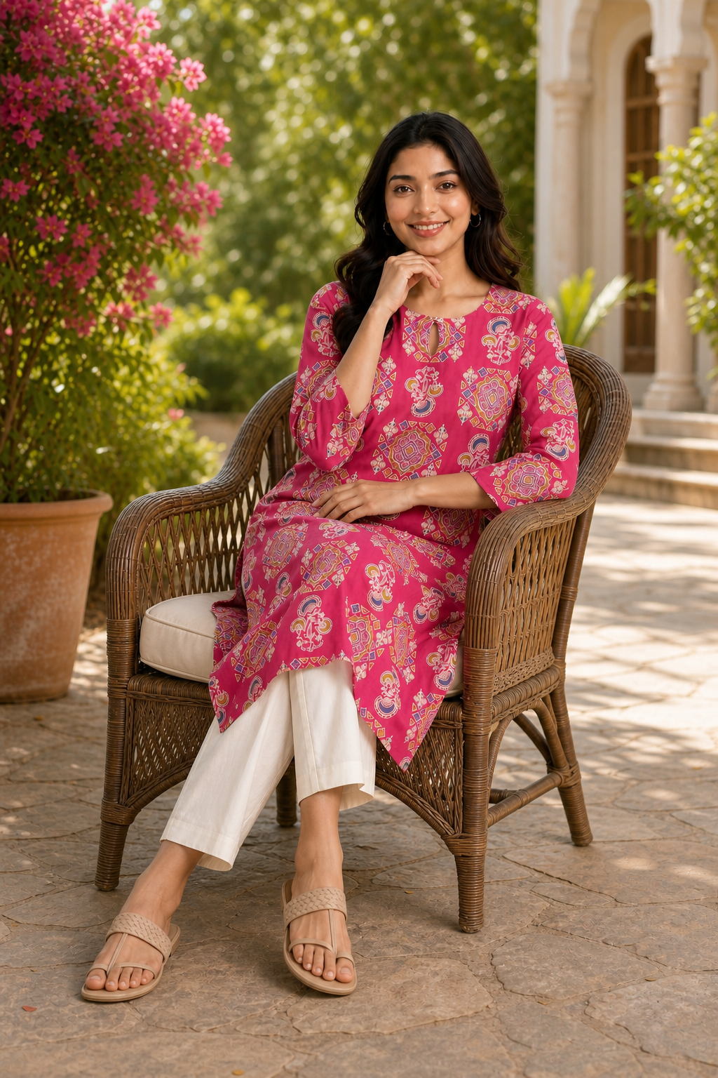 Women Pink Cotton Kurti with Mandala Ajrakh Block Print - Stylish Pose