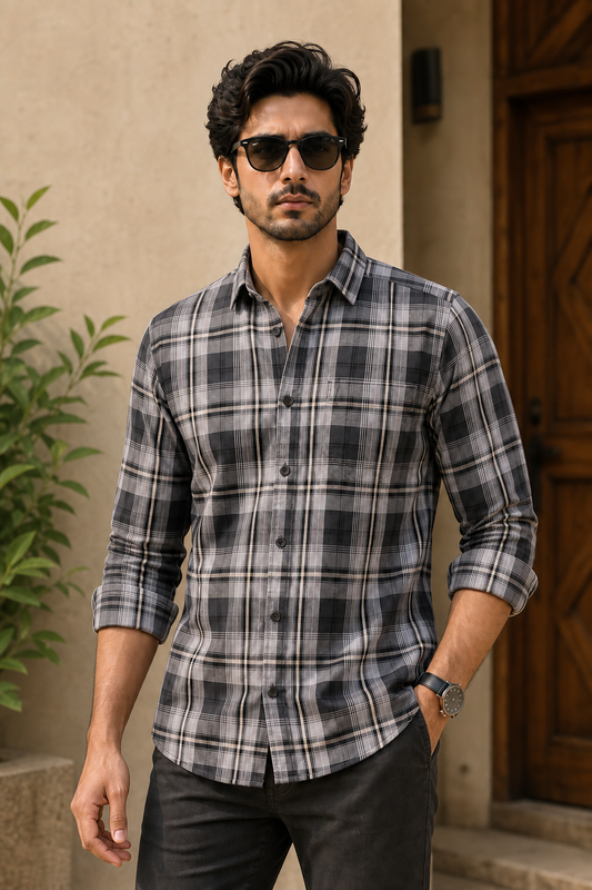 Premium Grey White Checkered Shirt For Men KEV-5920