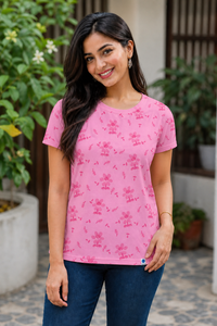 Women Pink Cherry Blossom Print T-Shirt Short Sleeves M-7266-23
