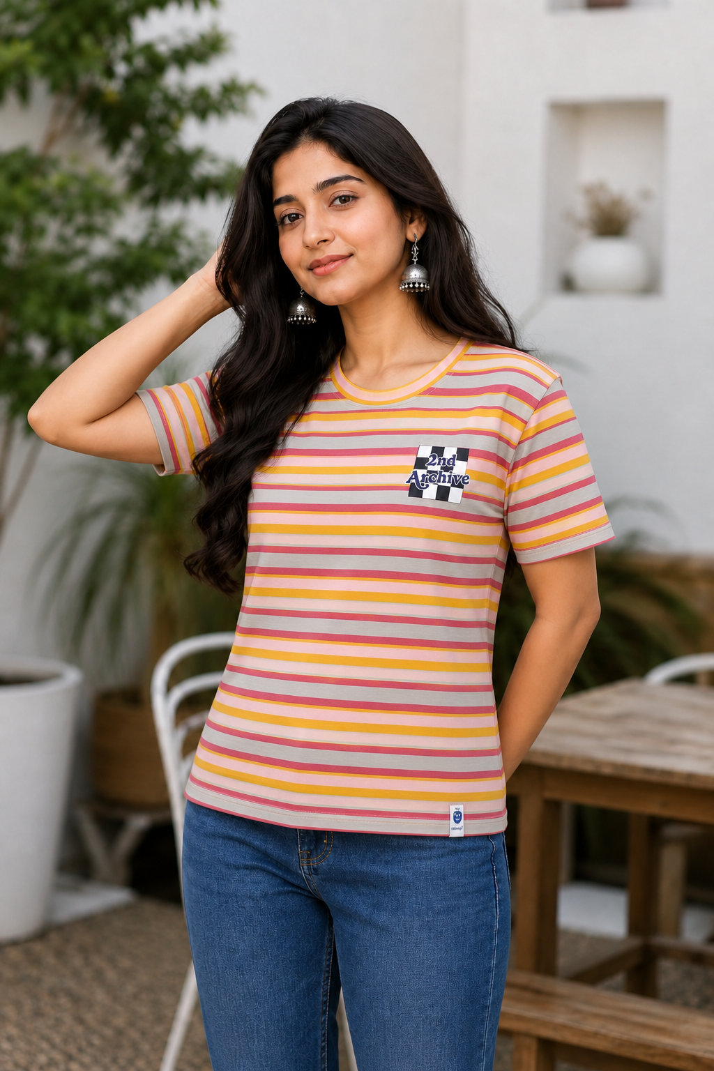Women Peach Striped Short Sleeve T-Shirt M-7356-14