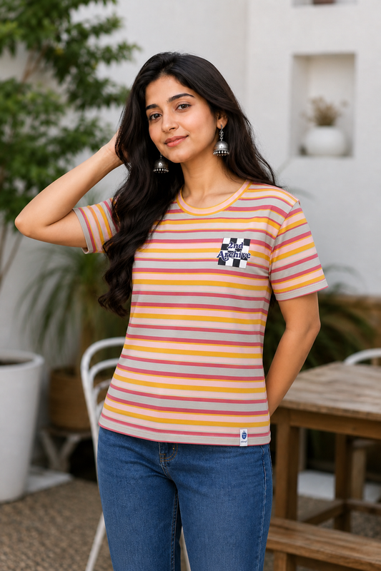 Women Peach Striped Short Sleeve T-Shirt M-7356-14